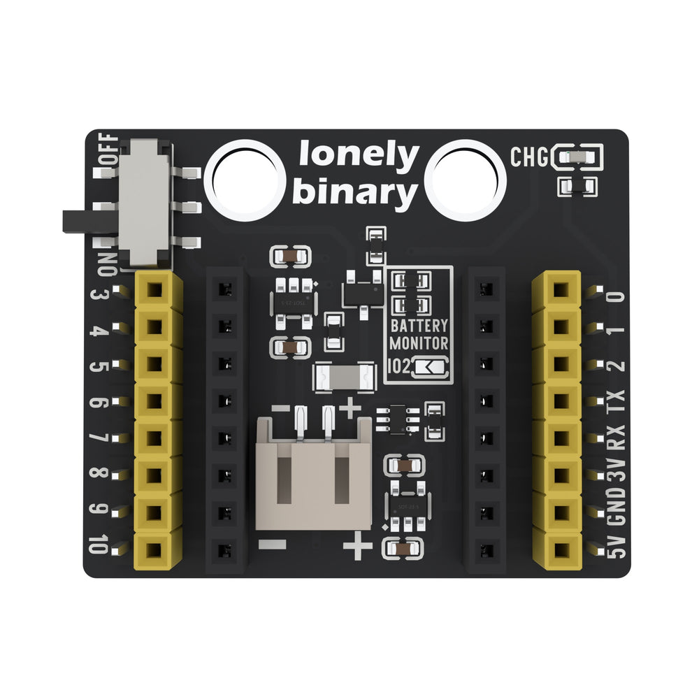 The ESP32-C3 OLED expansion base from above: a black board with two black sockets in the middle, a yellow female header and a row of pins on each side, a white battery connector and a slide switch.