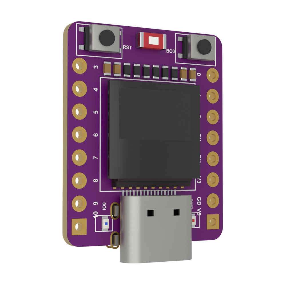 The ESP32-C3 OLED board tilted away from the camera on its left edge, showing the screen and the USB-C socket in perspective.