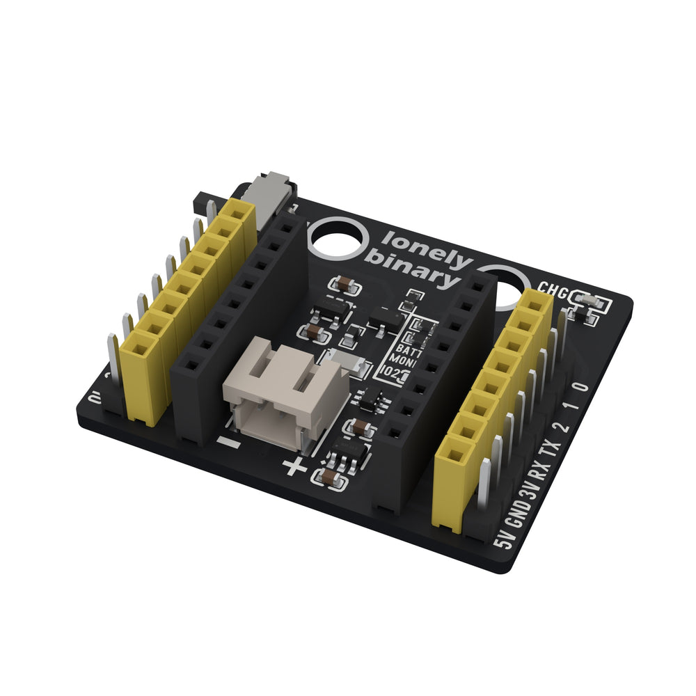 The ESP32-C3 OLED expansion base from an oblique angle, showing the pins, the sockets and the battery connector.