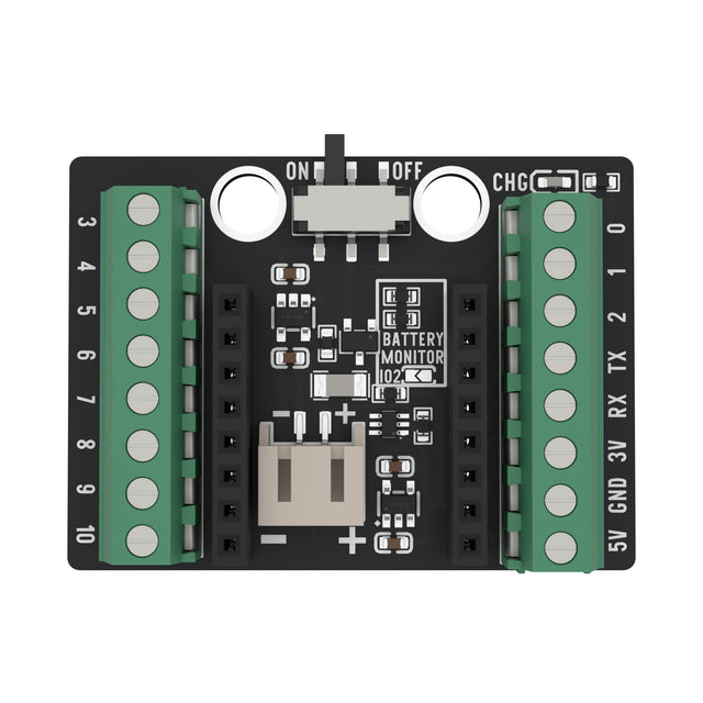 The ESP32-C3 OLED screw terminal base from above: a black board with a green screw terminal block down each side, two black sockets in the middle, a slide switch and a white battery connector.