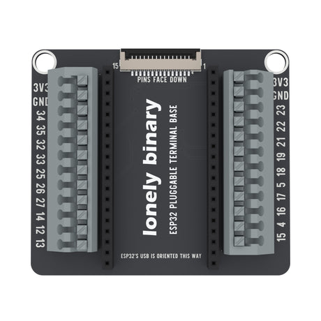 ESP32 Pluggable Terminal Base seen from above: two rows of grey push-in terminals either side of the ESP32 sockets