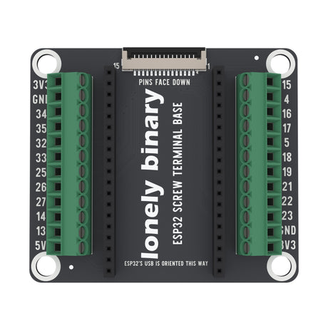 ESP32 Screw Terminal Base seen from above: two rows of green screw terminals either side of the ESP32 sockets