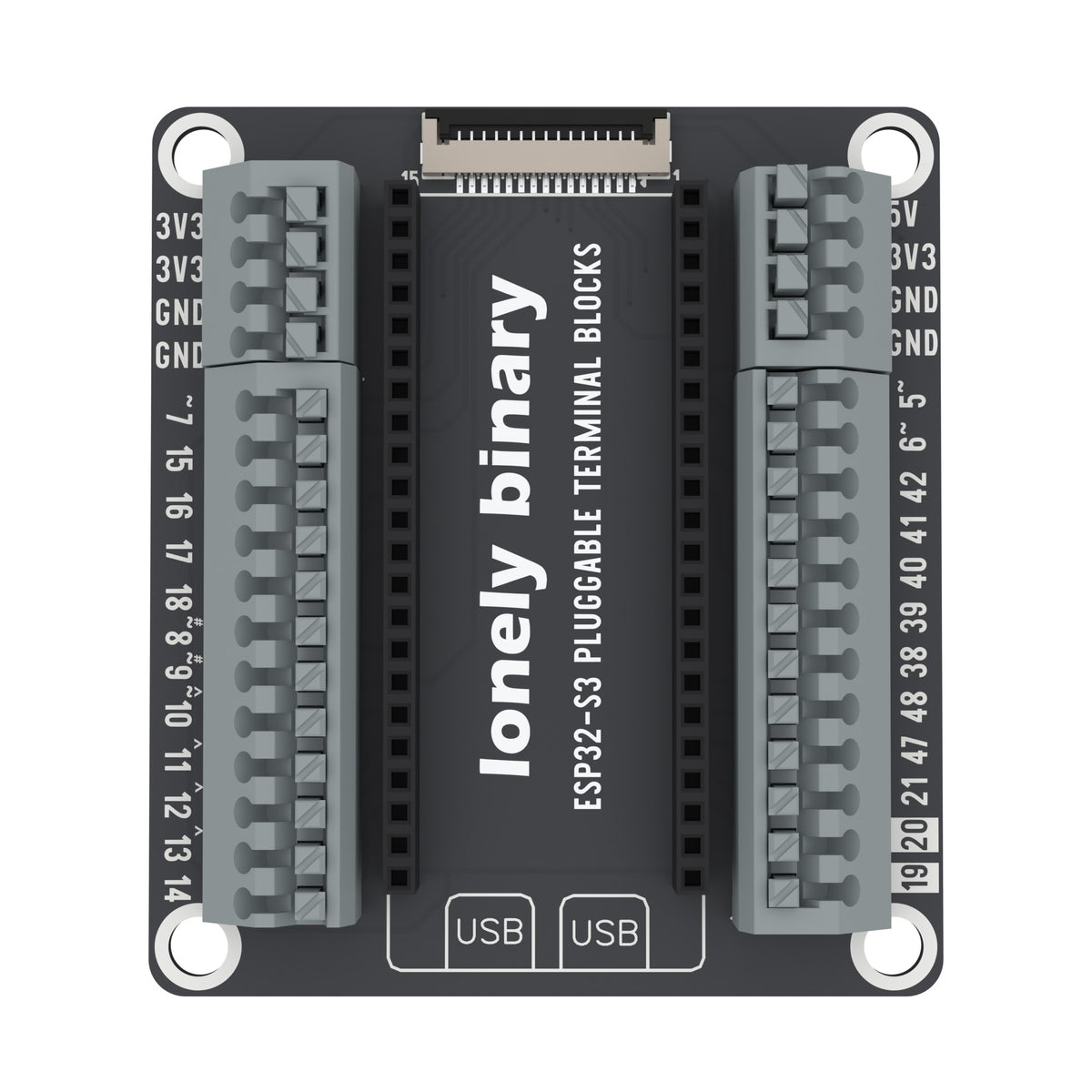 ESP32-S3 Pluggable Terminal Base seen from above: grey pluggable terminal blocks either side of the ESP32-S3 sockets