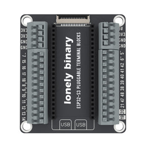 ESP32-S3 Pluggable Terminal Base seen from above: grey pluggable terminal blocks either side of the ESP32-S3 sockets
