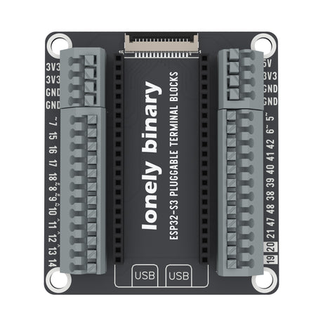 ESP32-S3 Pluggable Terminal Base seen from above: grey pluggable terminal blocks either side of the ESP32-S3 sockets