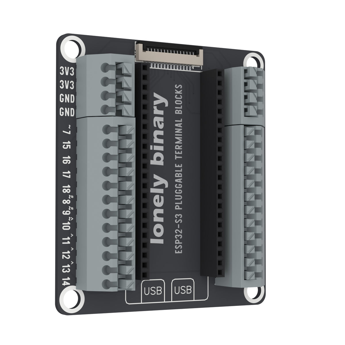 ESP32-S3 Pluggable Terminal Base swung 30 degrees away on its left edge